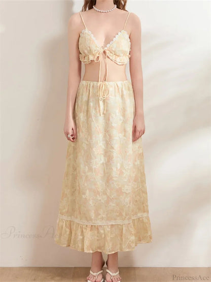 Backless Tie-up Camisoles Crop Top With Long Skirts Set