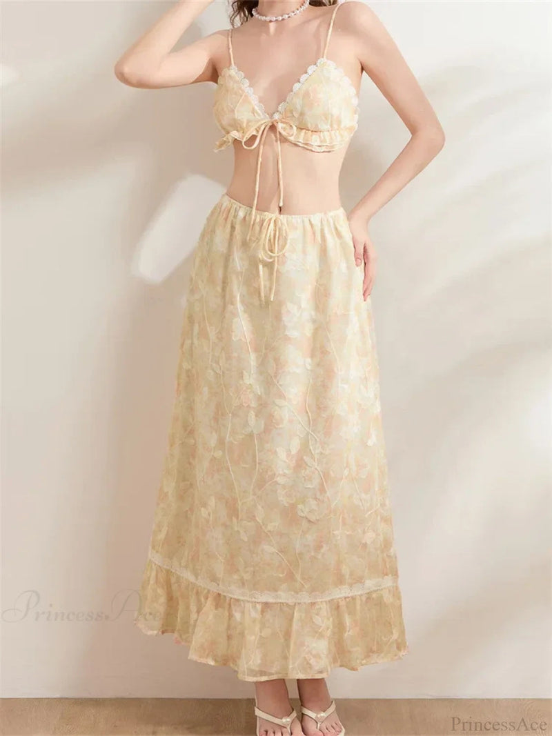 Backless Tie-up Camisoles Crop Top With Long Skirts Set