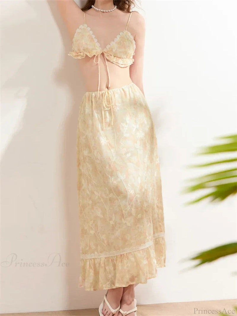 Backless Tie-up Camisoles Crop Top With Long Skirts Set