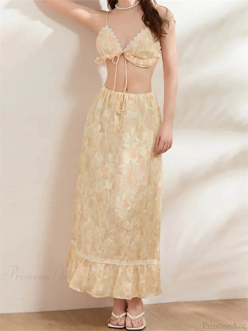 Backless Tie-up Camisoles Crop Top With Long Skirts Set