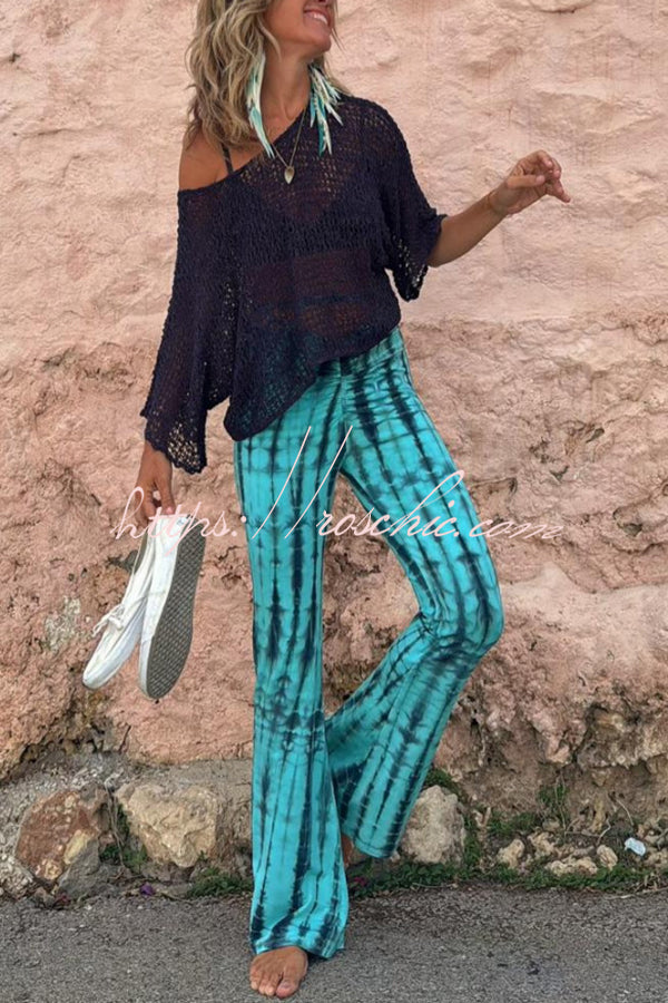 Balvin Tie Dye Print Ruched Lace-up Waist Stretch Flare Pants