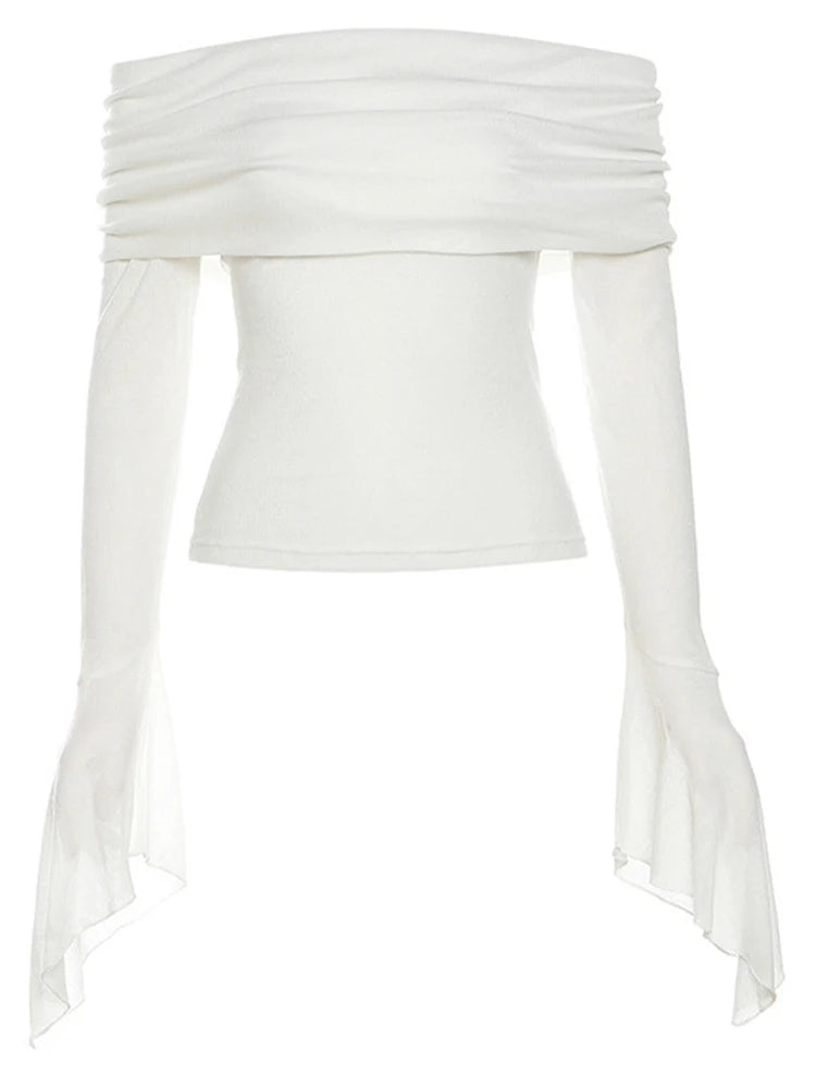 Y2k Aesthetic Simple ’s Tee Shirts Slash Neck Long Sleeve T-shirts Off Shoulder Tshirts