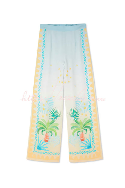 See You in Rio Tropical Fruits Print High Rise Elastic Waist Wide Leg Pants