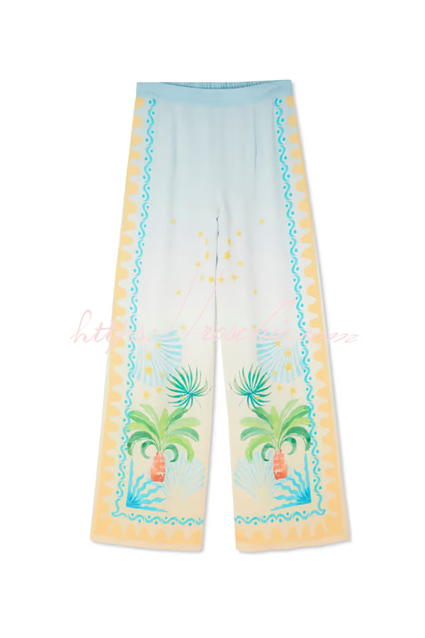 See You in Rio Tropical Fruits Print High Rise Elastic Waist Wide Leg Pants