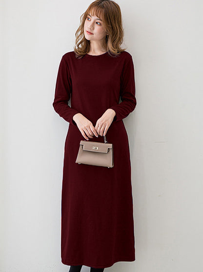 Simple Color Round-neck A-line Midi Dress