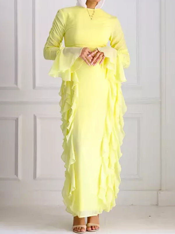 Long Sleeves Loose Falbala Color Round-neck Maxi Dresses