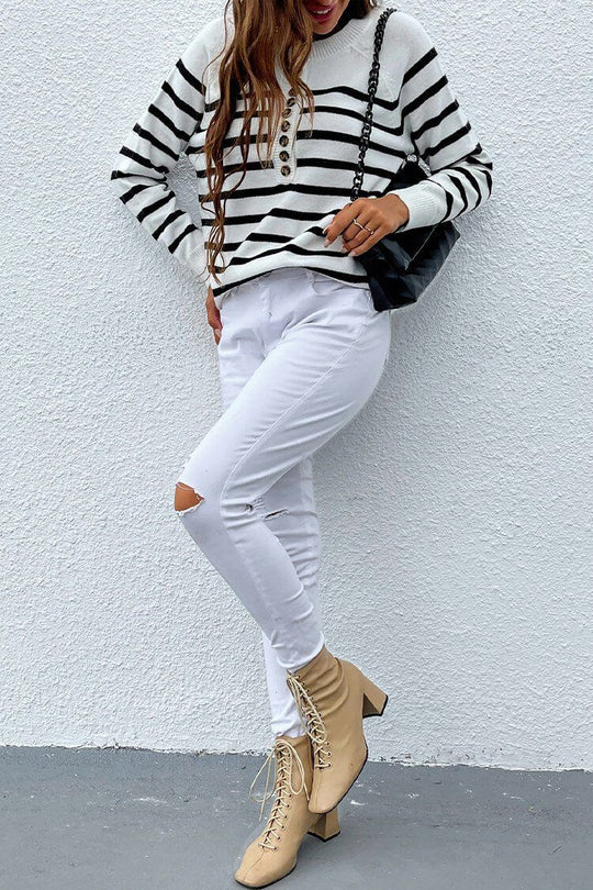 ��s Crew Neck Button Raglan Sleeves Striped Sweater