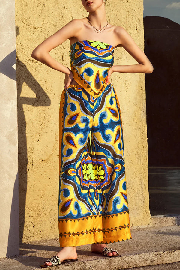 Style Unique Print Tube Top and Elastic Waist Pocket Wide Leg Pants Set