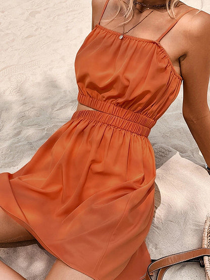 A-line Loose Elasticity Hollow Color Split-joint Spaghetti-neck Mini Dresses