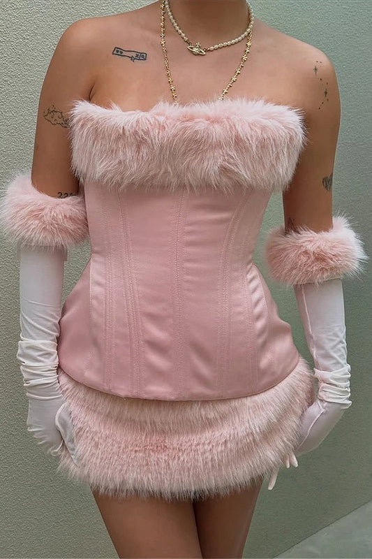 Fuzzy Paneled Tie Waist Mini Dresses