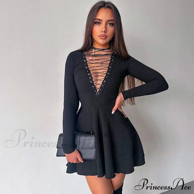 Bandage A-line Lace Up Long Sleeve Mini Dress