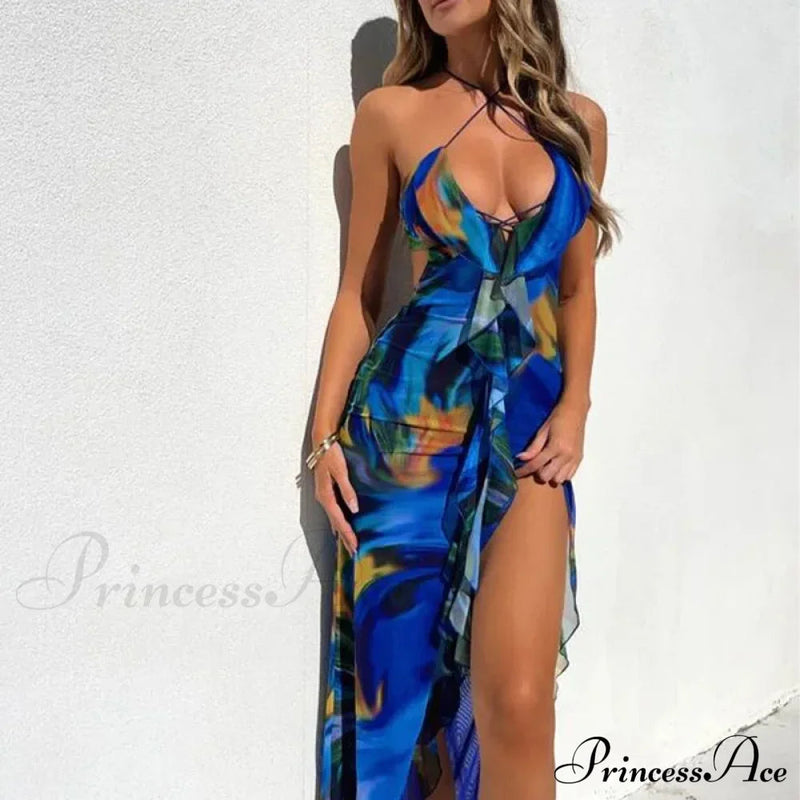 Bandage Slit Ruffle Plunge V-neck for Club Party Print Sunsummer Midi Dress
