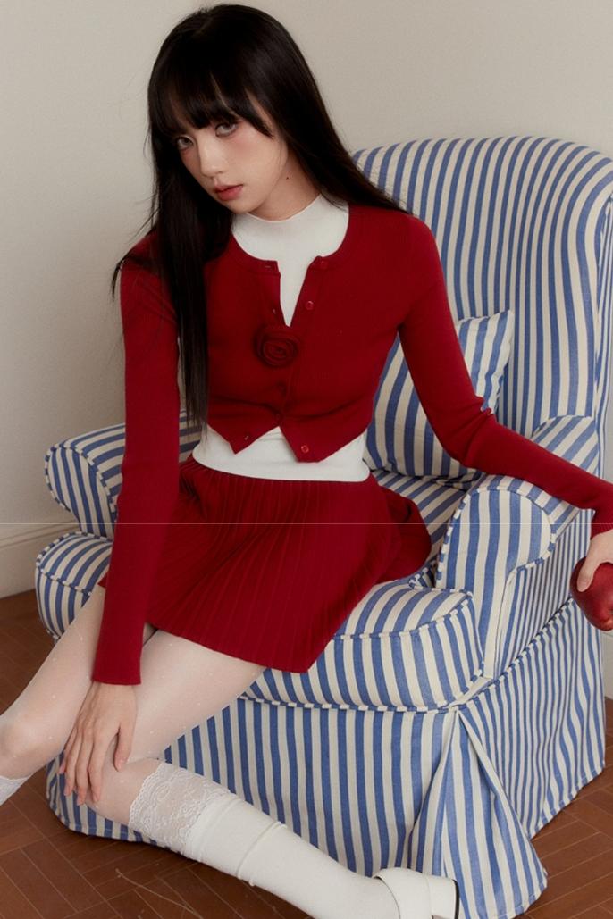 Red Rose Cropped Cardigan Set-up