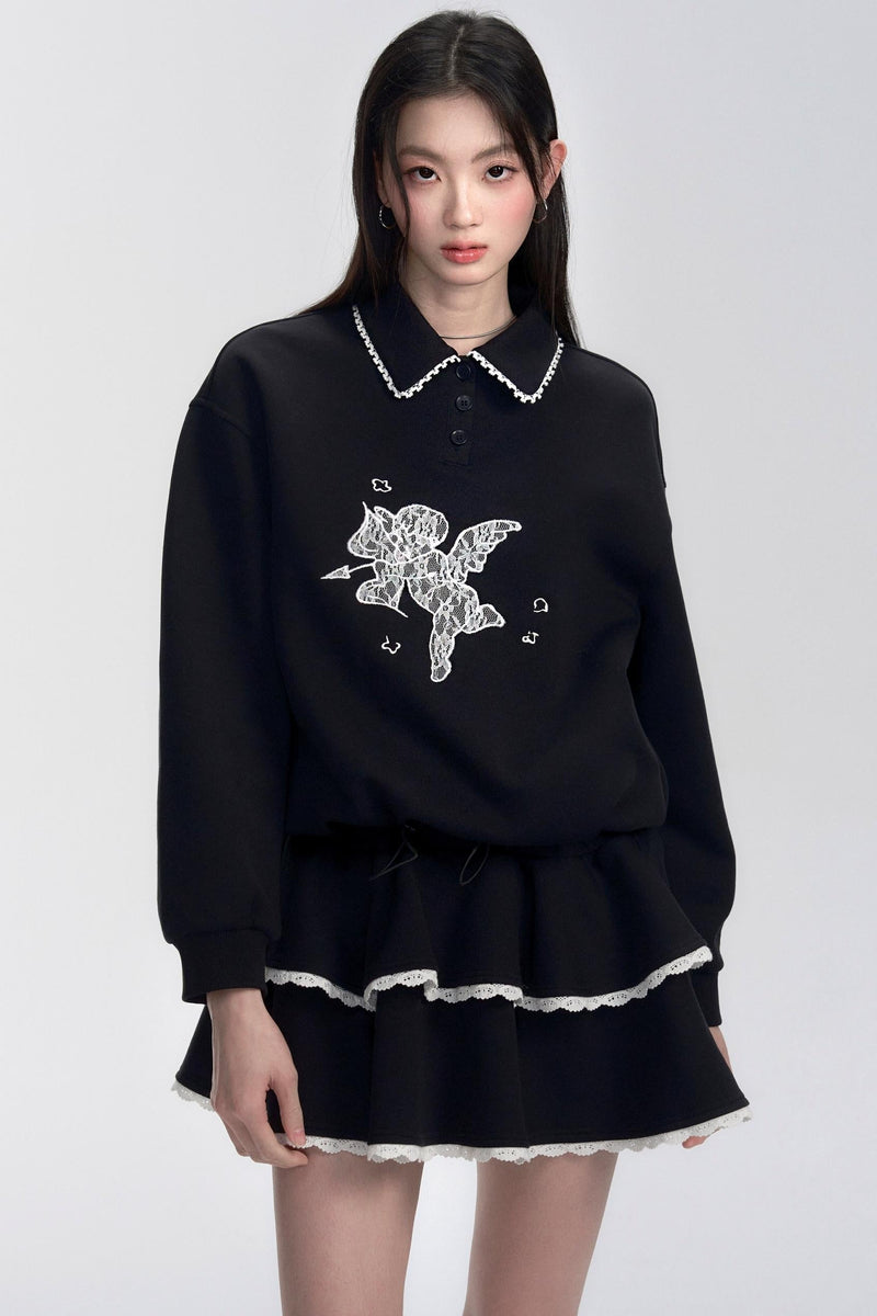 Black Lace-trimmed Collar Polo Sweater Dress