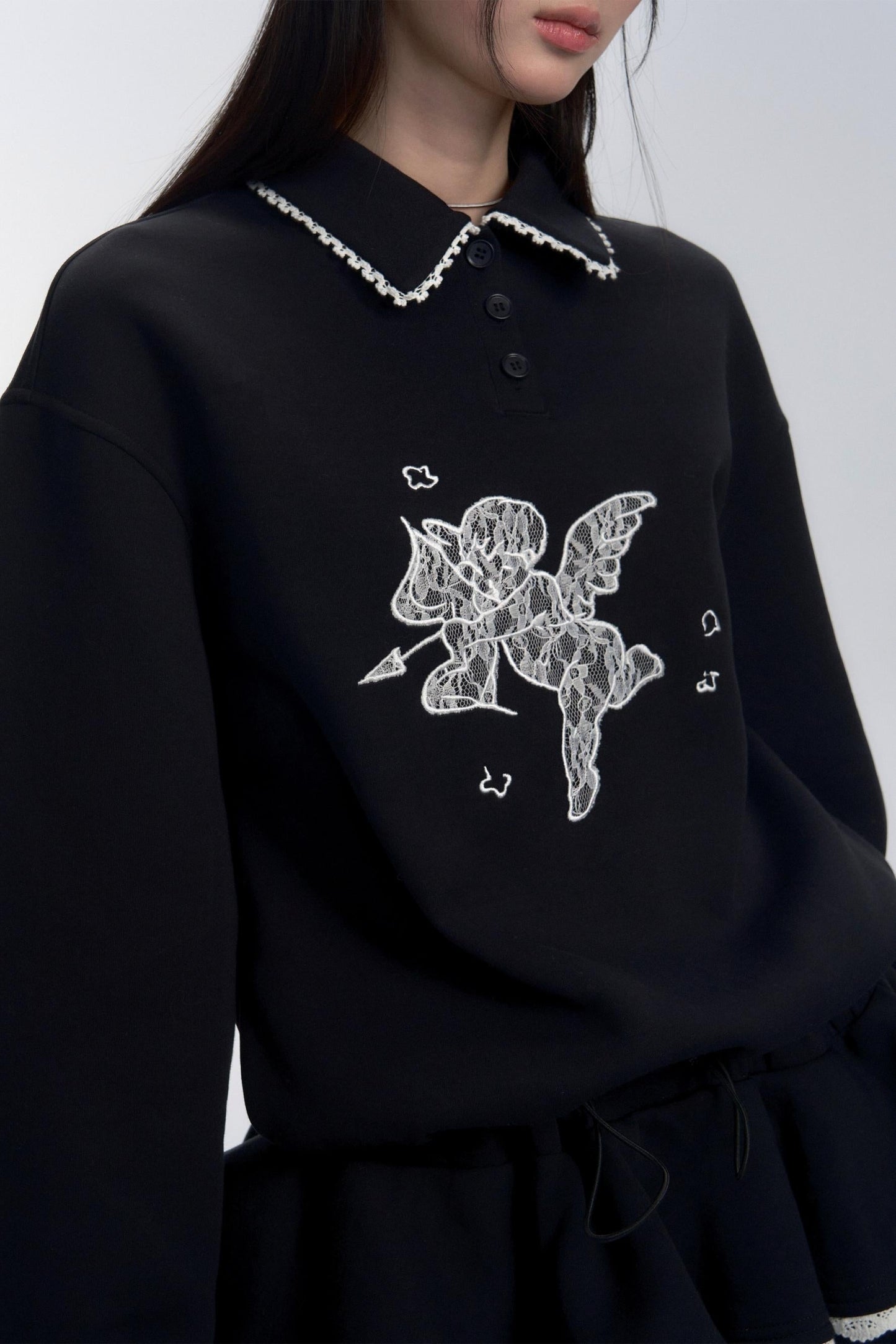 Black Lace-trimmed Collar Polo Sweater Dress