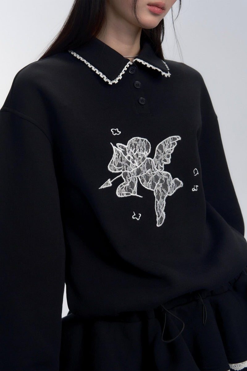 Black Lace-trimmed Collar Polo Sweater Dress
