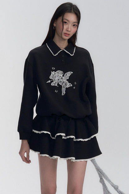 Black Lace-trimmed Collar Polo Sweater Dress
