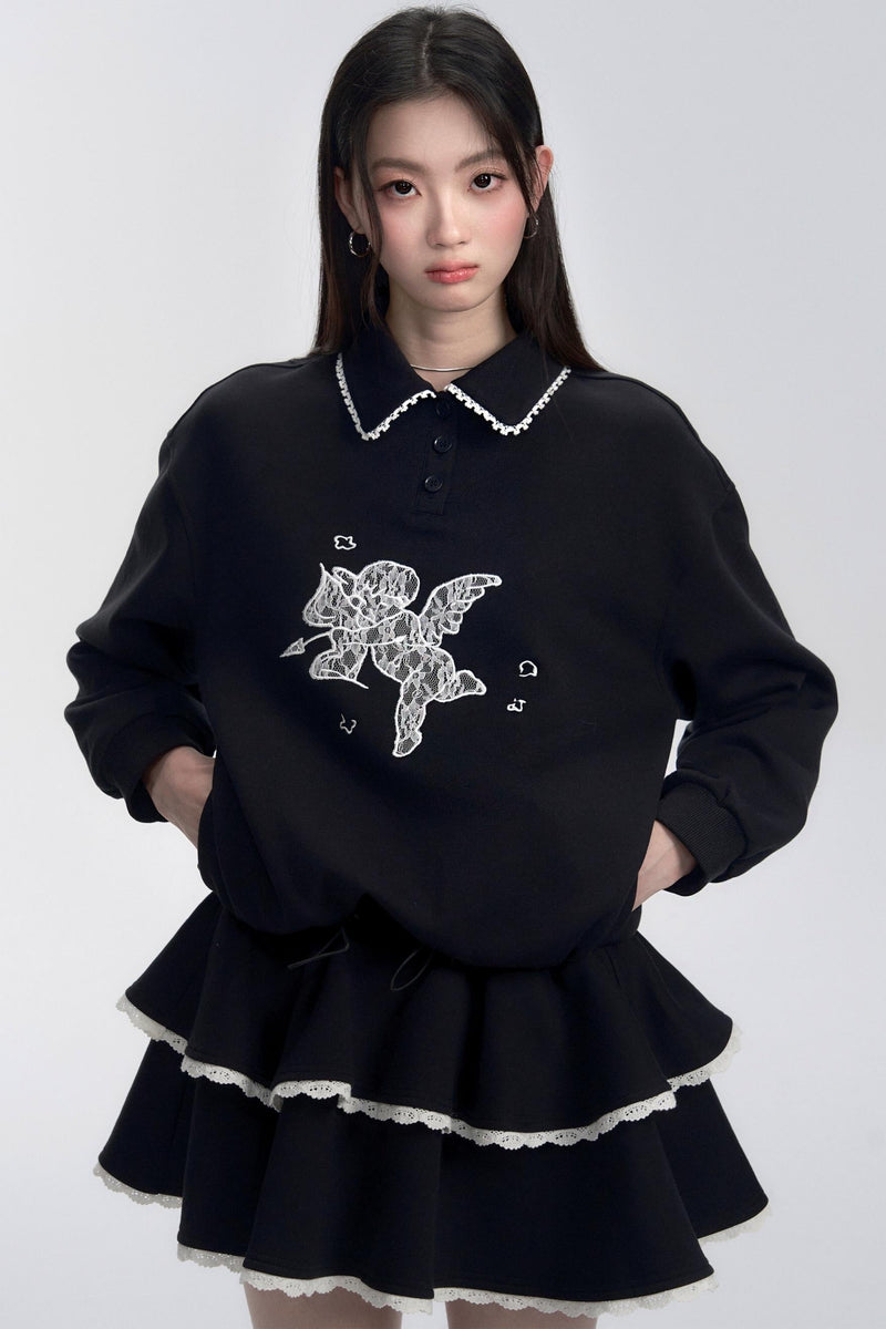 Black Lace-trimmed Collar Polo Sweater Dress
