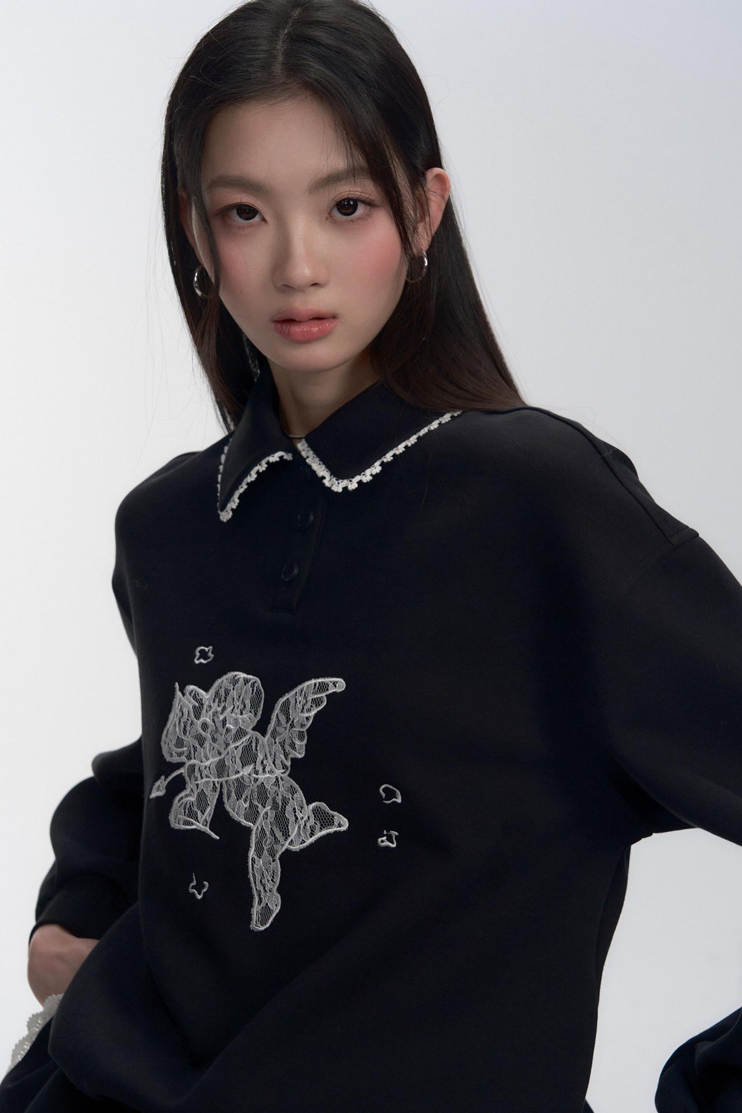 Black Lace-trimmed Collar Polo Sweater Dress