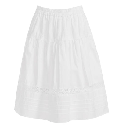 Lace Trim White Cotton Midi Skirt