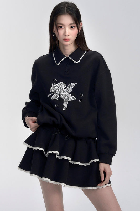 Black Lace-trimmed Collar Polo Sweater Dress