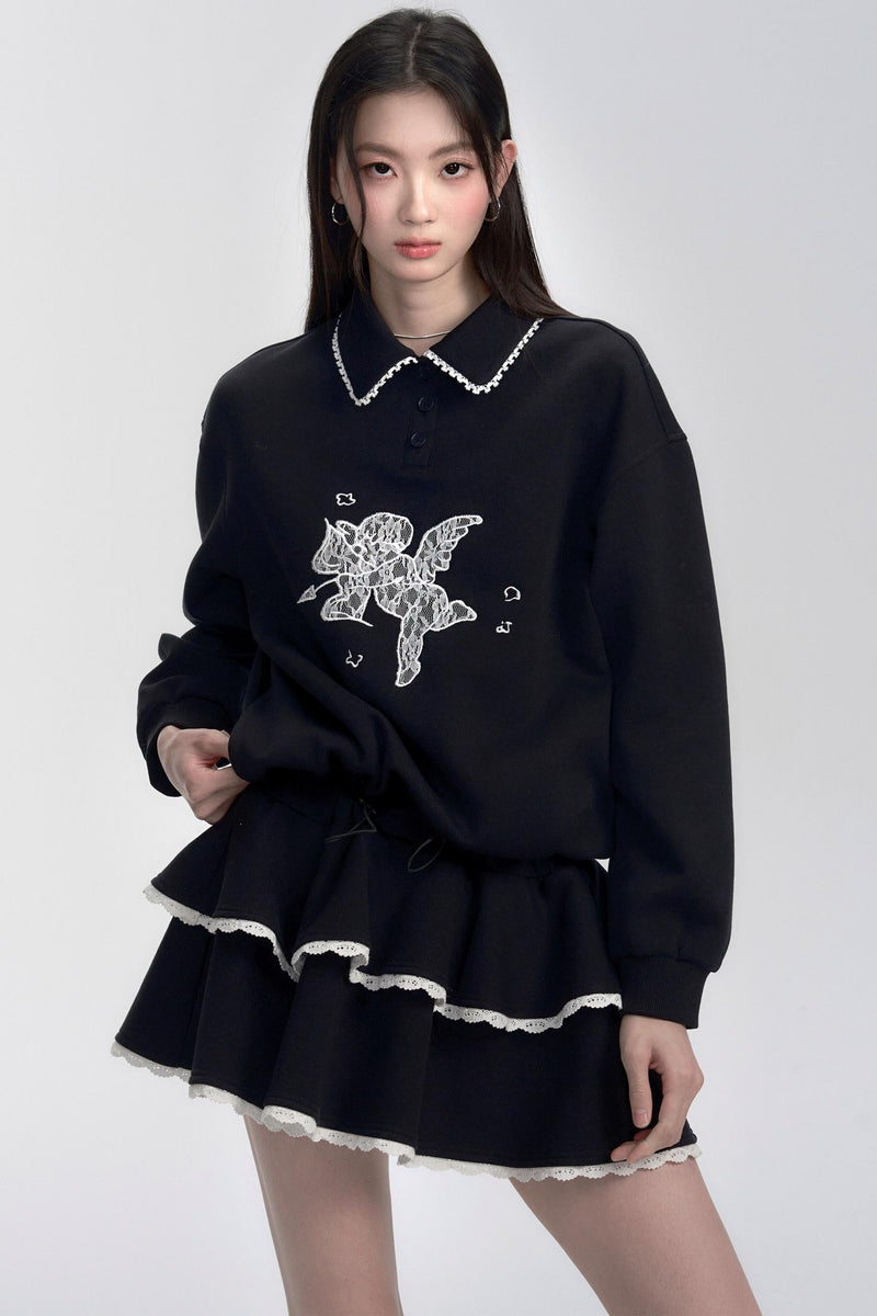 Black Lace-trimmed Collar Polo Sweater Dress