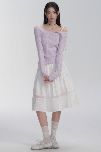 Lace Trim White Cotton Midi Skirt