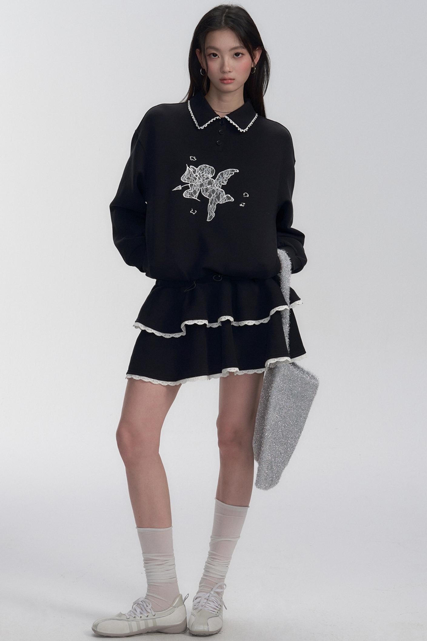 Black Lace-trimmed Collar Polo Sweater Dress
