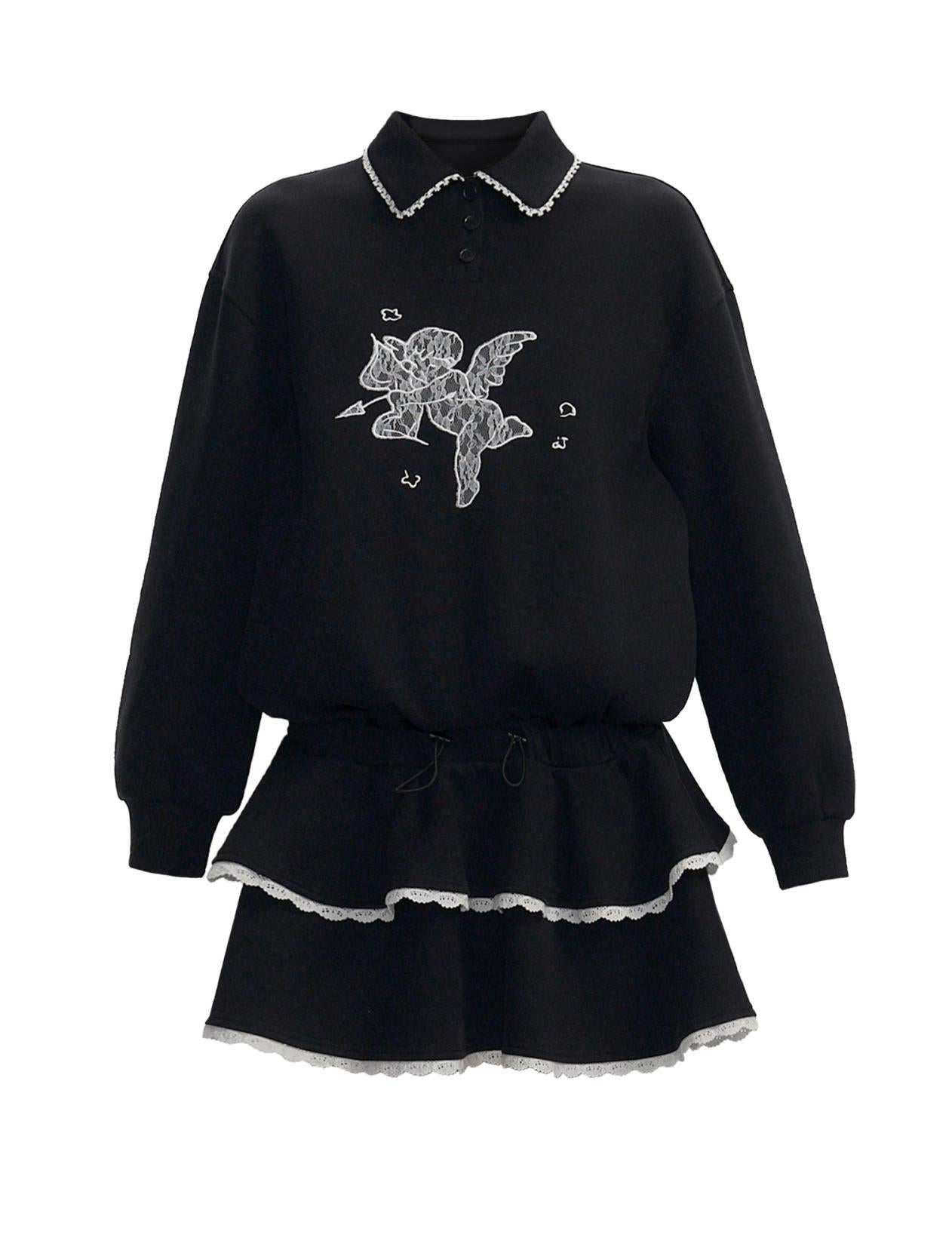 Black Lace-trimmed Collar Polo Sweater Dress