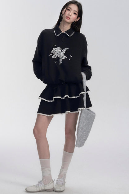 Black Lace-trimmed Collar Polo Sweater Dress