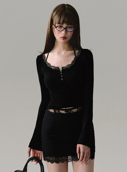 Black Lace Trim Midi Skirt