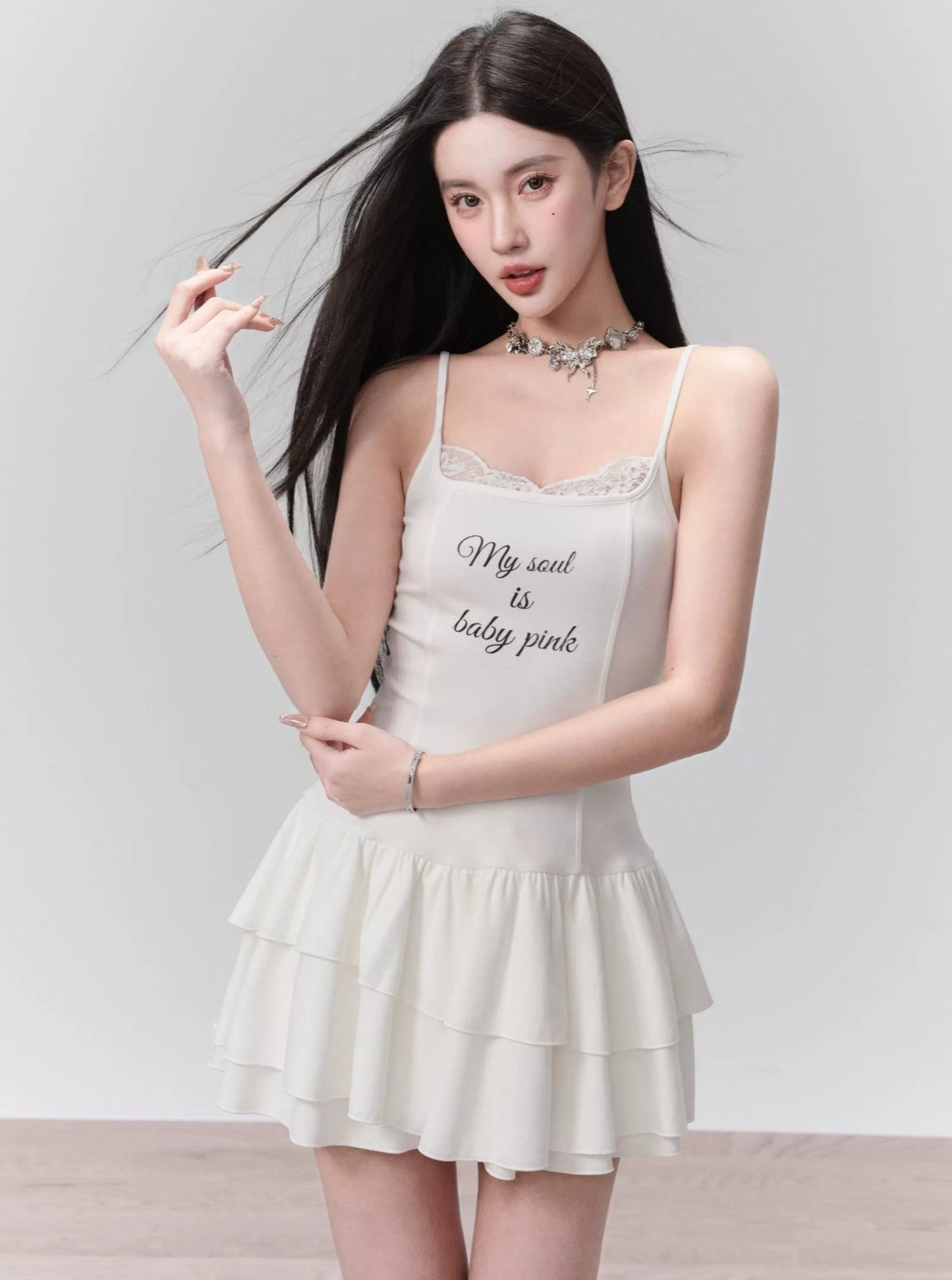 White Ruffled Spaghetti Strap Mini Dress With Slogan Print