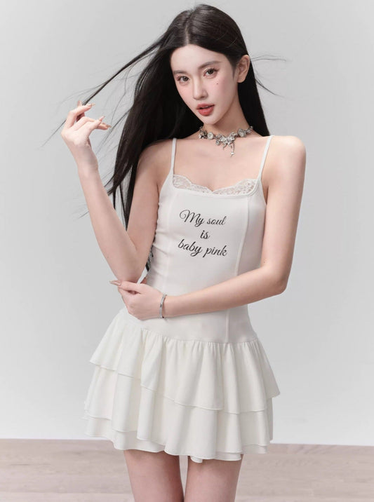 White Ruffled Spaghetti Strap Mini Dress With Slogan Print