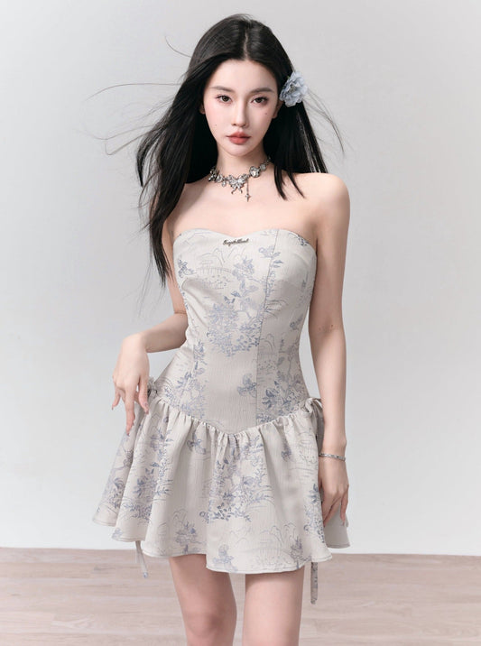 Enchanted Garden Strapless Mini Dress: Ivory Jacquard With Side Bow Details