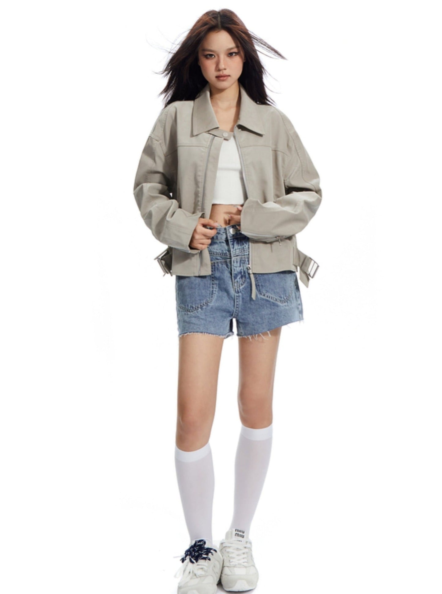 High-waisted Denim Shorts With Unique Waistband Detail