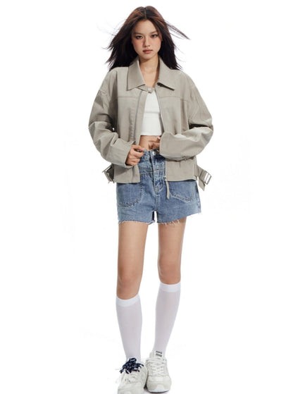 High-waisted Denim Shorts With Unique Waistband Detail