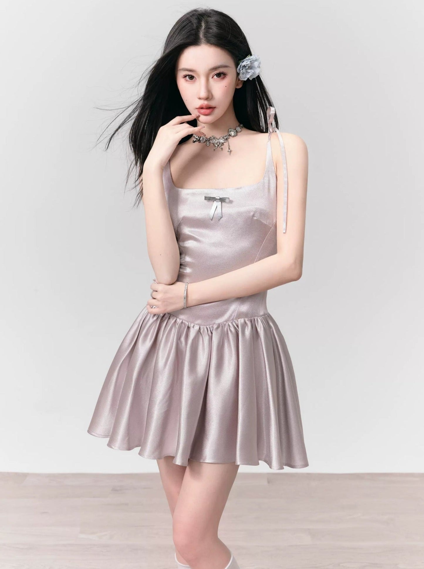 Silvery Gray Satin Mini Dress With Tie Straps