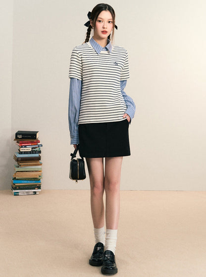 Layered Look Striped Tee Combo - Preppy Shirt-sweater Set