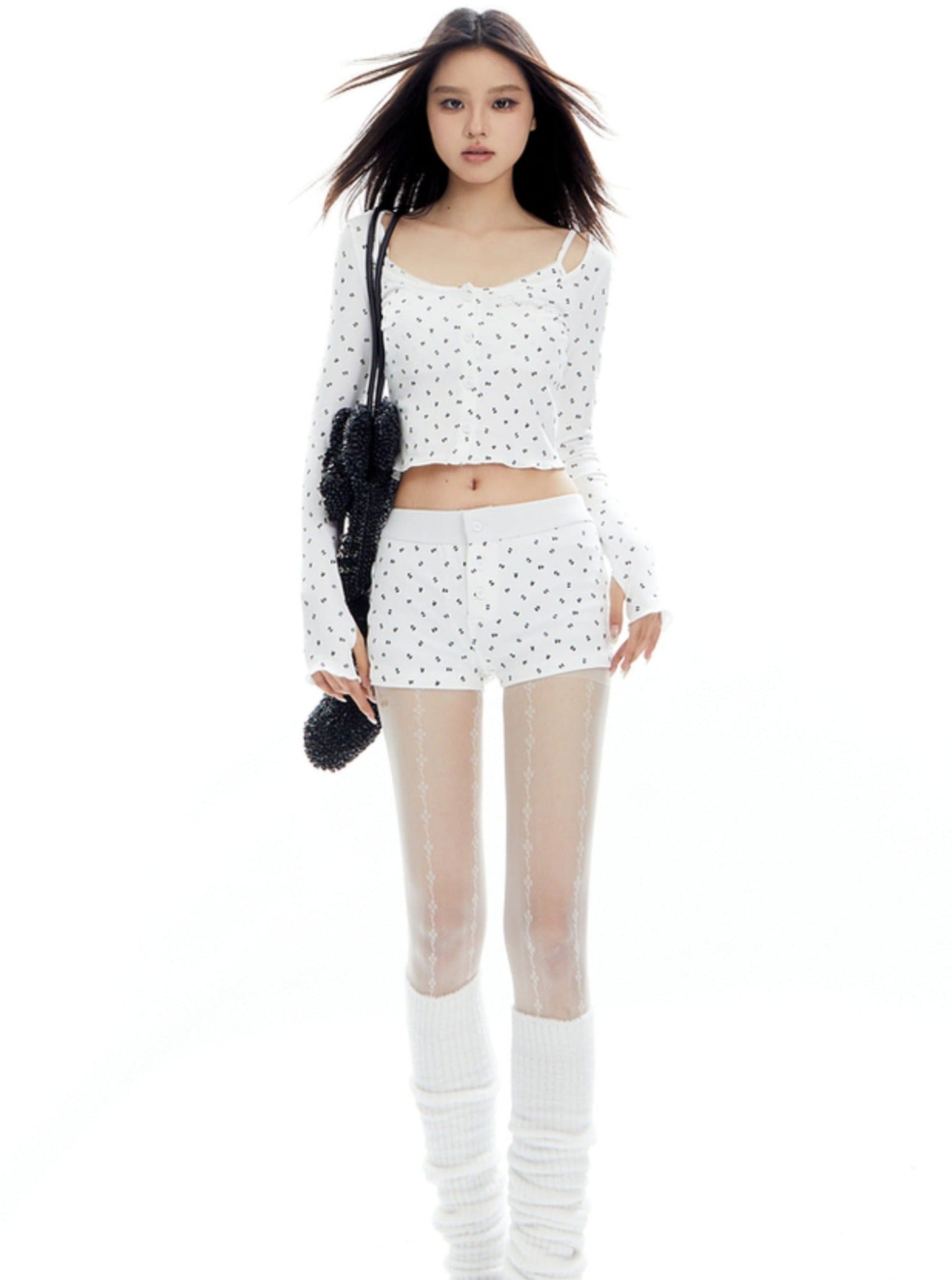 Knit Cardigan and Lace Camisole Hot Pants Set