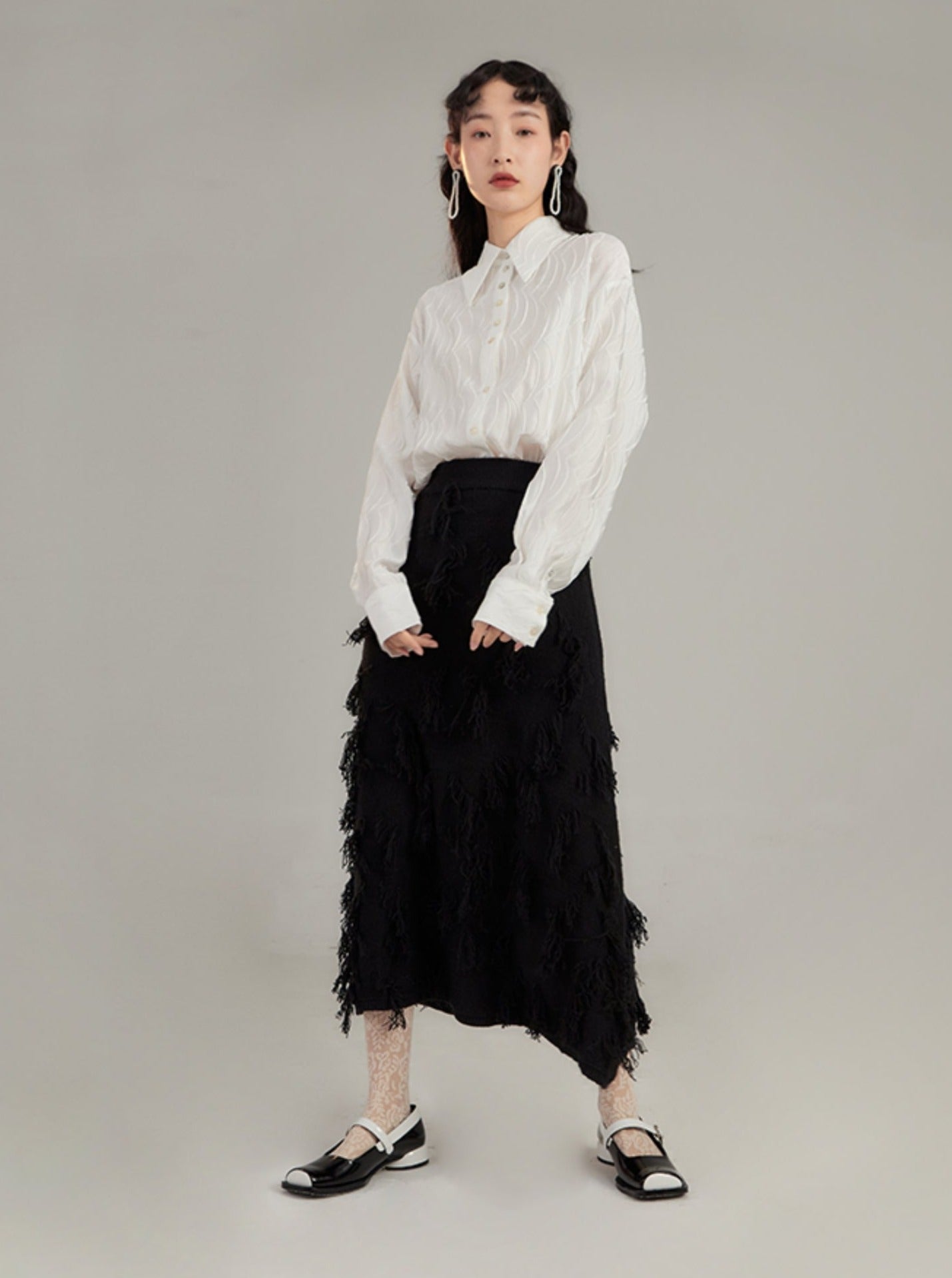 Red Distressed Midi Skirt With Frayed Texture