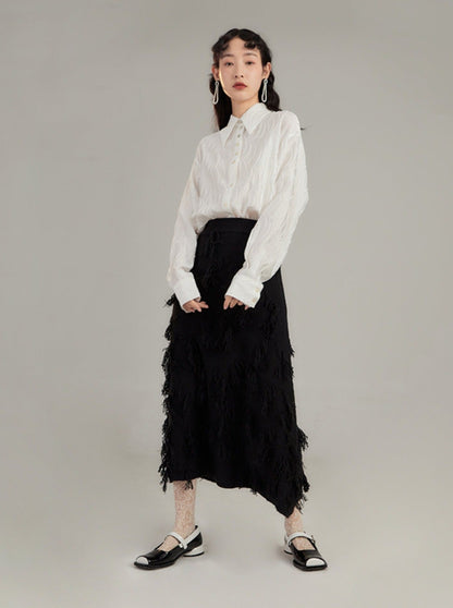 Red Distressed Midi Skirt With Frayed Texture