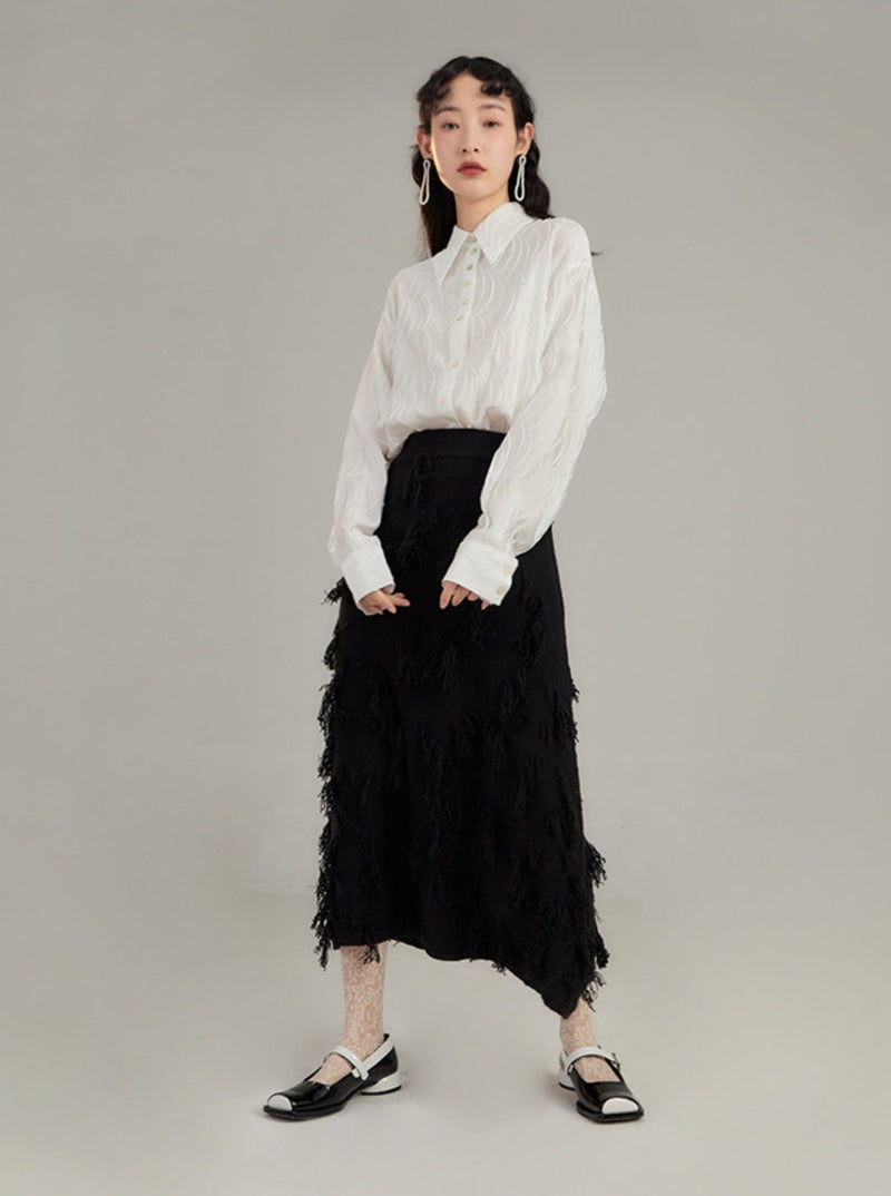 Red Distressed Midi Skirt With Frayed Texture