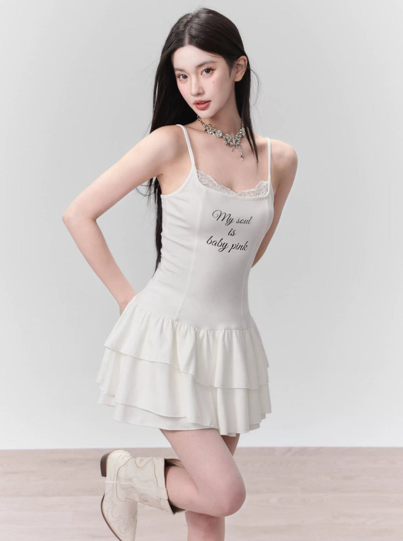 White Ruffled Spaghetti Strap Mini Dress With Slogan Print
