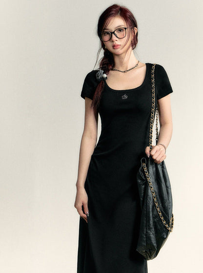 Scoop Neck Maxi T-shirt Dress - Side Ruched Jersey Knit Gown