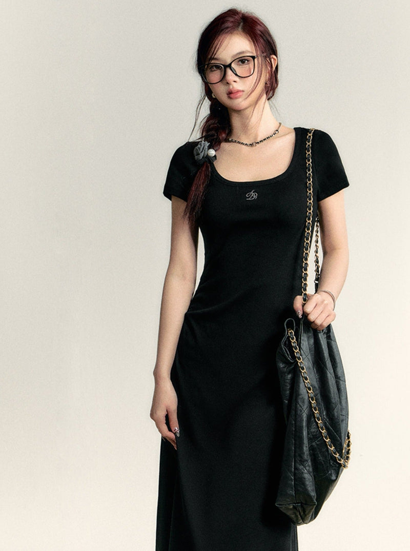 Scoop Neck Maxi T-shirt Dress - Side Ruched Jersey Knit Gown