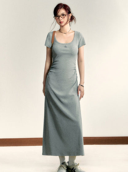 Scoop Neck Maxi T-shirt Dress - Side Ruched Jersey Knit Gown