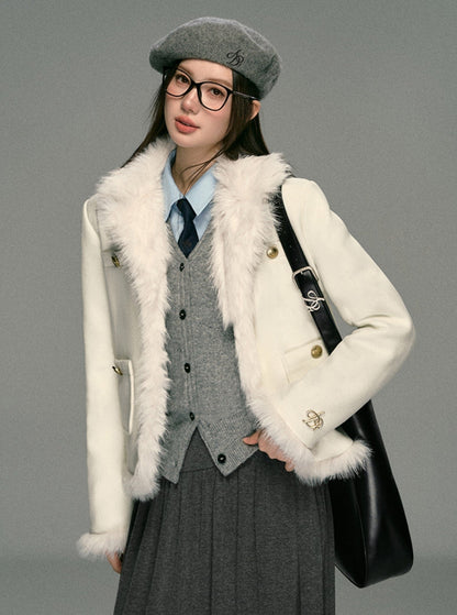 Ivory Boucle Jacket: Faux Fur Trim Cropped Coat With Gold Buttons