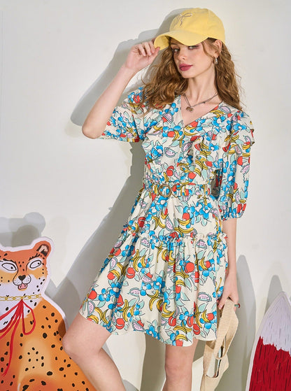 Fruit Print Ruffle V-neck Mini Dress