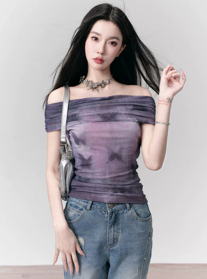 Tie-dye Off-shoulder Crop Top - Purple Ombre Ruched Bandeau Blouse