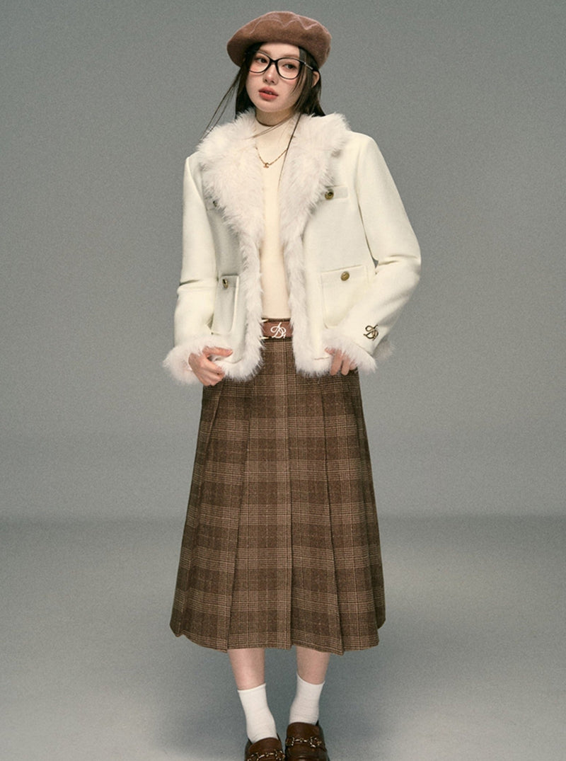 Ivory Boucle Jacket: Faux Fur Trim Cropped Coat With Gold Buttons